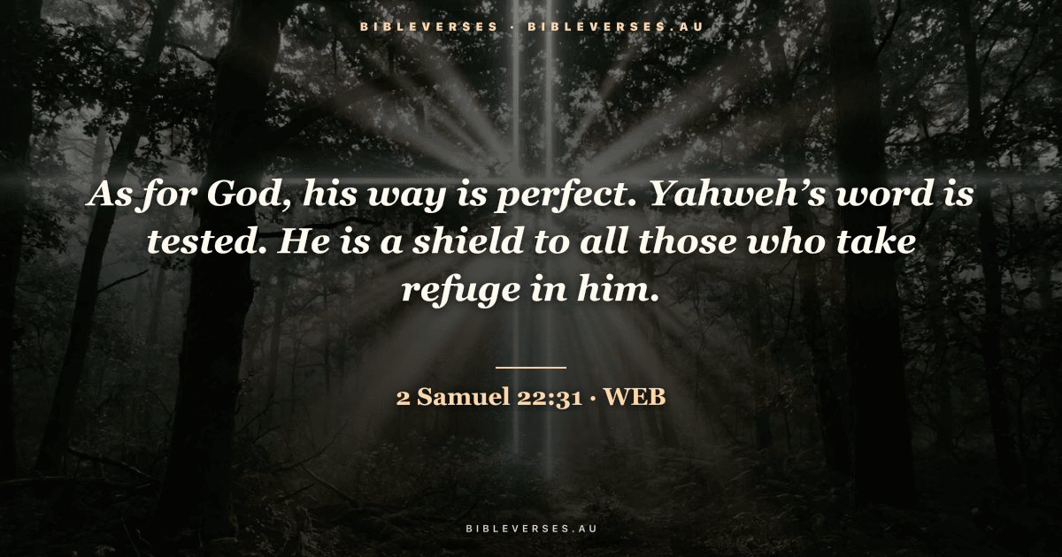 2 Samuel 22:31 Bible verse image — "As for God, his way is perfect. Yahweh’s word is tested. He is a shield to all those who take refuge in him." (World English Bible). Free download from bibleverses.au.