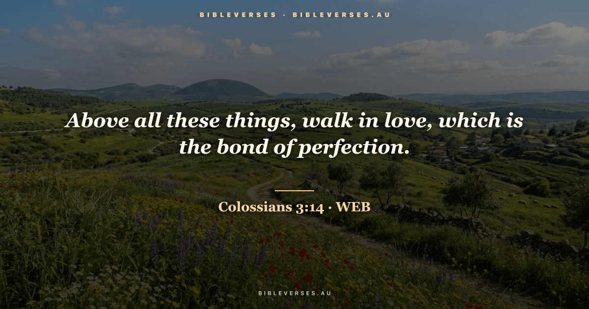 Colossians 3:14 Bible verse image — "Above all these things, walk in love, which is the bond of perfection." (World English Bible). Free download from bibleverses.au.