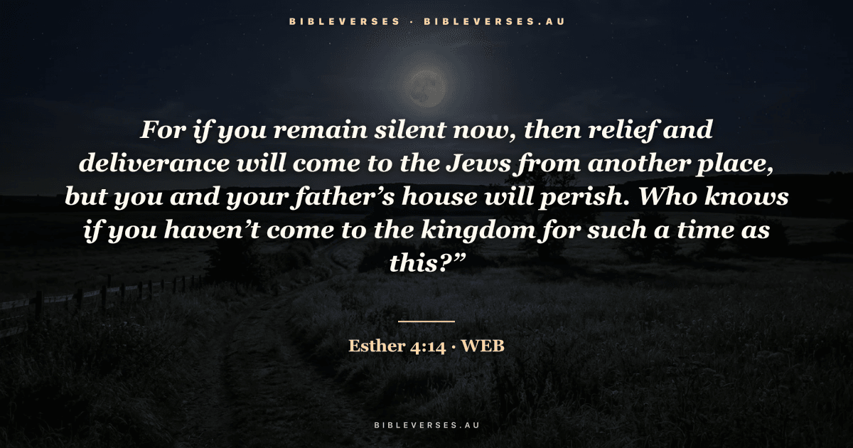 Esther 4:14 Bible verse image — "For if you remain silent now, then relief and deliverance will come to the Jews from another place, but you and your father’s house will perish. Who knows if you haven’t come to the kingdom for such a time as this?”" (World English Bible). Free download from bibleverses.au.