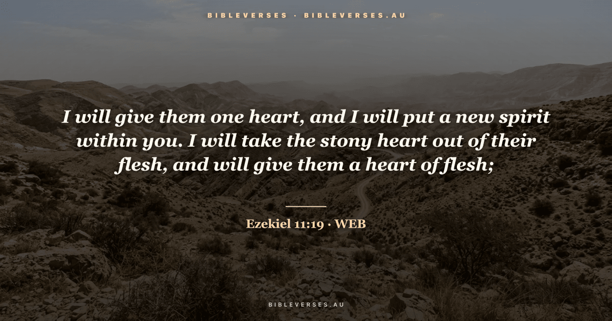 Ezekiel 11:19 Bible verse image — "I will give them one heart, and I will put a new spirit within you. I will take the stony heart out of their flesh, and will give them a heart of flesh;" (World English Bible). Free download from bibleverses.au.