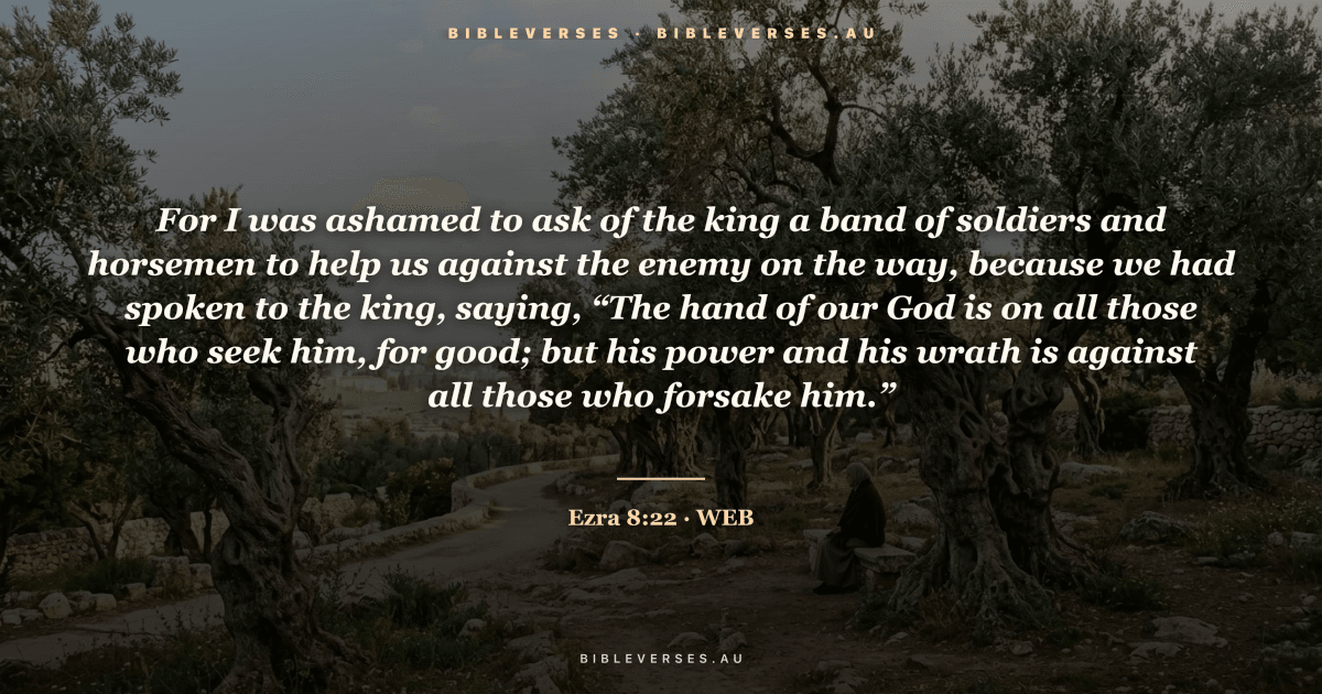 Ezra 8:22 Bible verse image — "For I was ashamed to ask of the king a band of soldiers and horsemen to help us against the enemy on the way, because we had spoken to the king, saying, “The hand of our God is on all those who seek him, for good; but his power and his wrath is against all those who forsake him.”" (World English Bible). Free download from bibleverses.au.