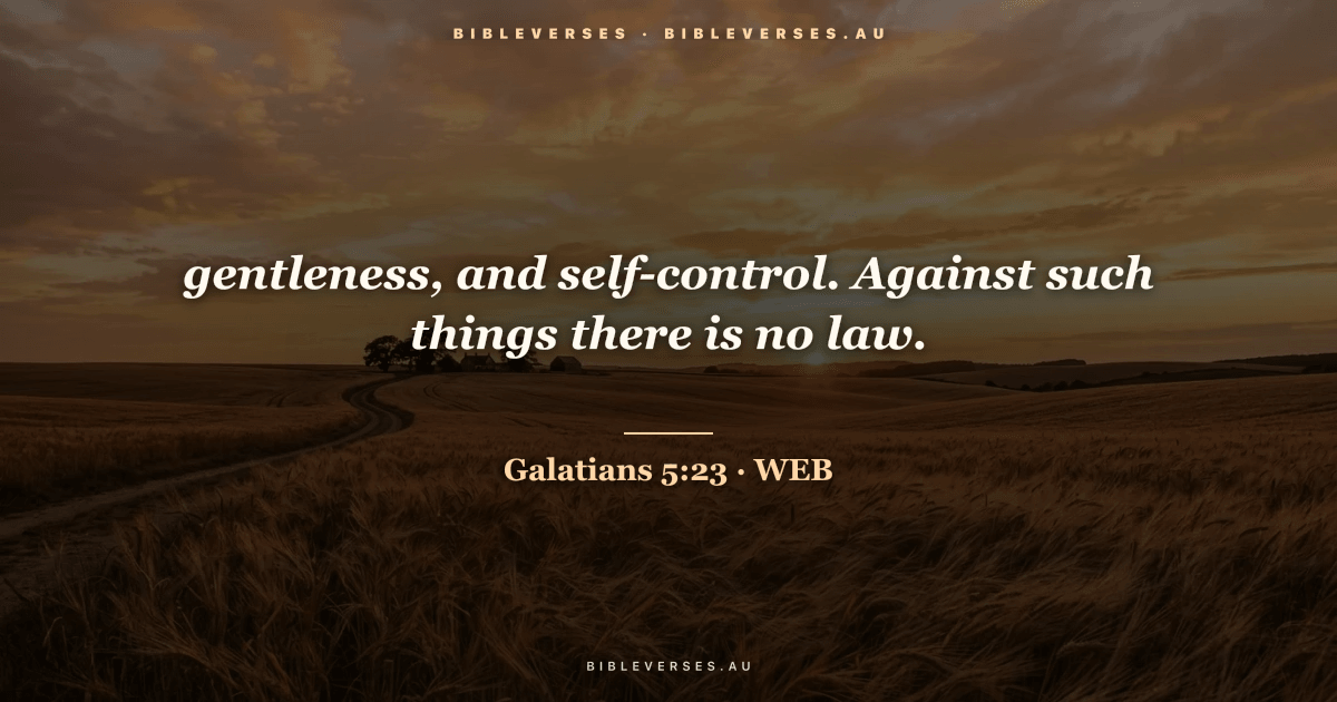 Galatians 5:23 Bible verse image — "gentleness, and self-control. Against such things there is no law." (World English Bible). Free download from bibleverses.au.