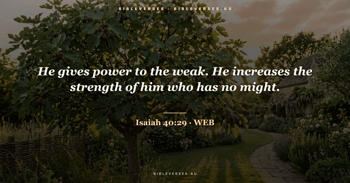 Isaiah 40:29 Bible verse image — "He gives power to the weak. He increases the strength of him who has no might." (World English Bible). Free download from bibleverses.au.