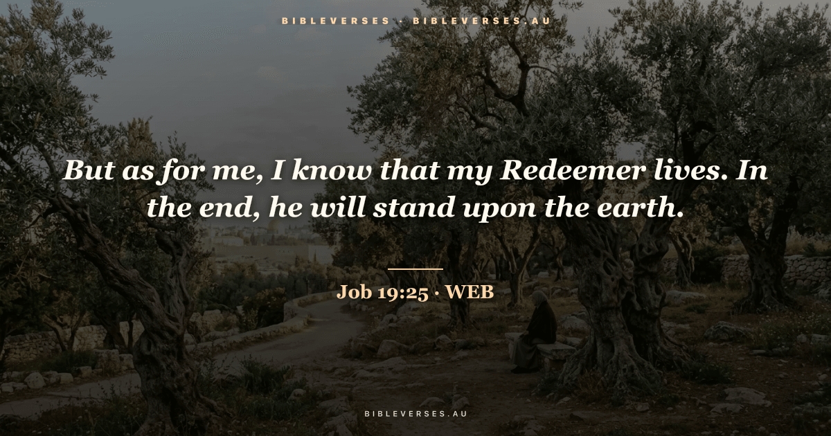 Job 19:25 Bible verse image — "But as for me, I know that my Redeemer lives. In the end, he will stand upon the earth." (World English Bible). Free download from bibleverses.au.