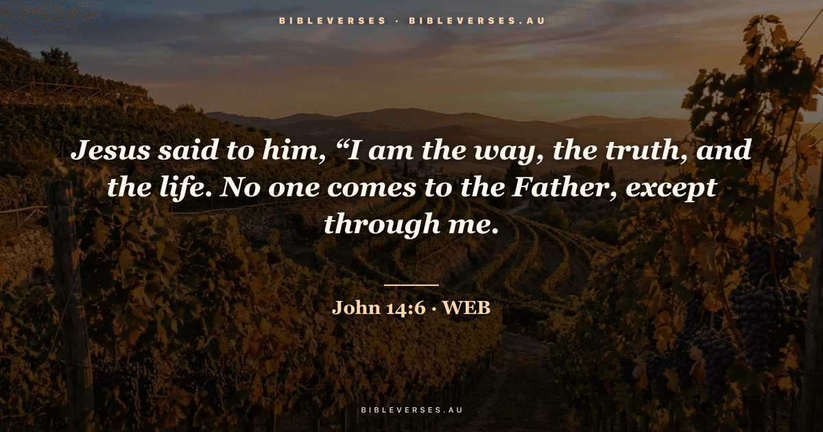 John 14:6 Bible verse image — "Jesus said to him, “I am the way, the truth, and the life. No one comes to the Father, except through me." (World English Bible). Free download from bibleverses.au.