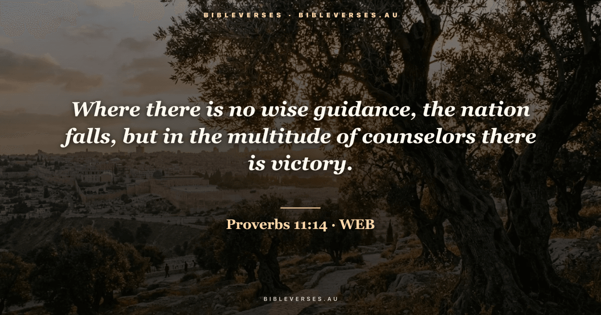 Proverbs 11:14 Bible verse image — "Where there is no wise guidance, the nation falls, but in the multitude of counselors there is victory." (World English Bible). Free download from bibleverses.au.