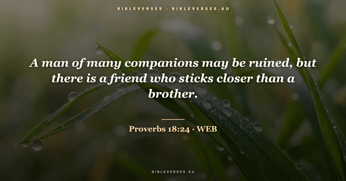 Proverbs 18:24 Bible verse image — "A man of many companions may be ruined, but there is a friend who sticks closer than a brother." (World English Bible). Free download from bibleverses.au.