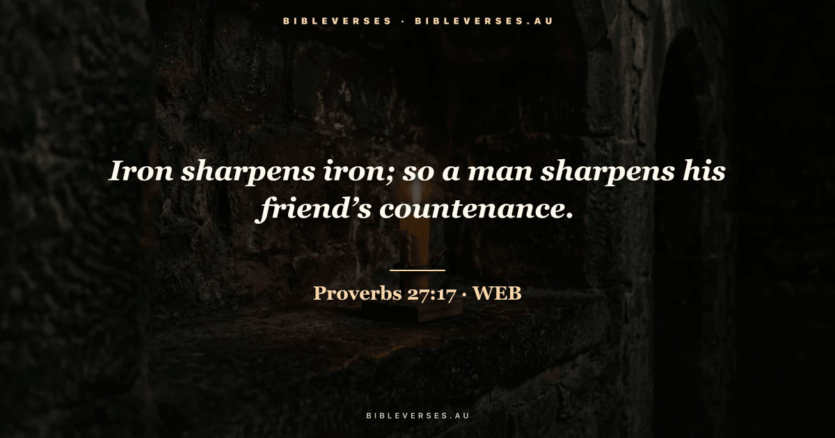 Proverbs 27:17 Bible verse image — "Iron sharpens iron; so a man sharpens his friend’s countenance." (World English Bible). Free download from bibleverses.au.