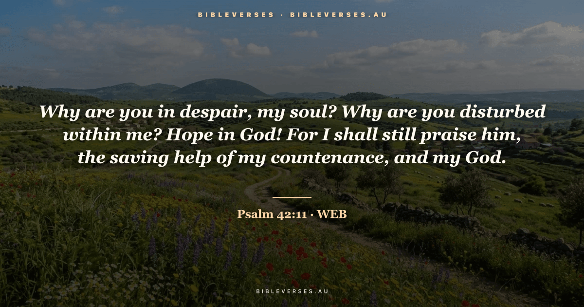 Psalm 42:11 Bible verse image — "Why are you in despair, my soul? Why are you disturbed within me? Hope in God! For I shall still praise him, the saving help of my countenance, and my God." (World English Bible). Free download from bibleverses.au.