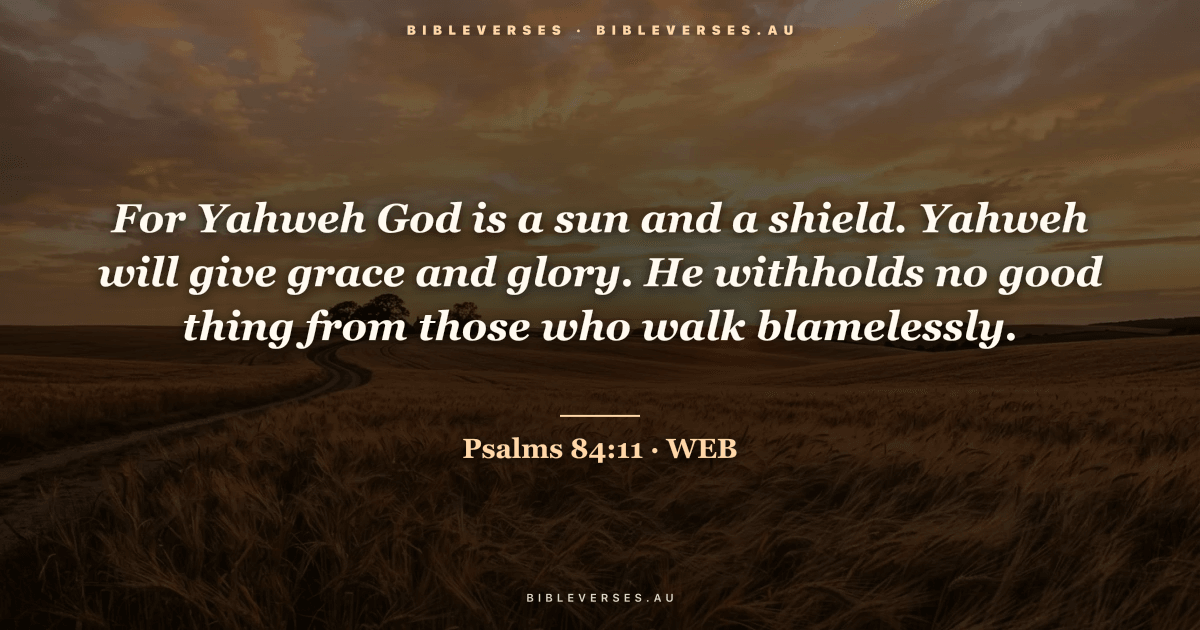 Psalms 84:11 Bible verse image — "For Yahweh God is a sun and a shield. Yahweh will give grace and glory. He withholds no good thing from those who walk blamelessly." (World English Bible). Free download from bibleverses.au.